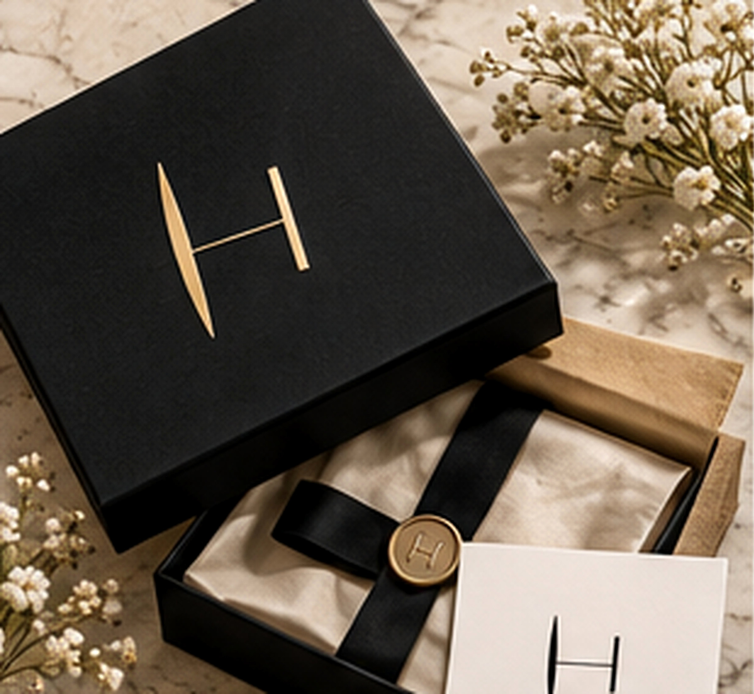 Black Hatille gift box with gold monogram, black ribbon and ivory tissue