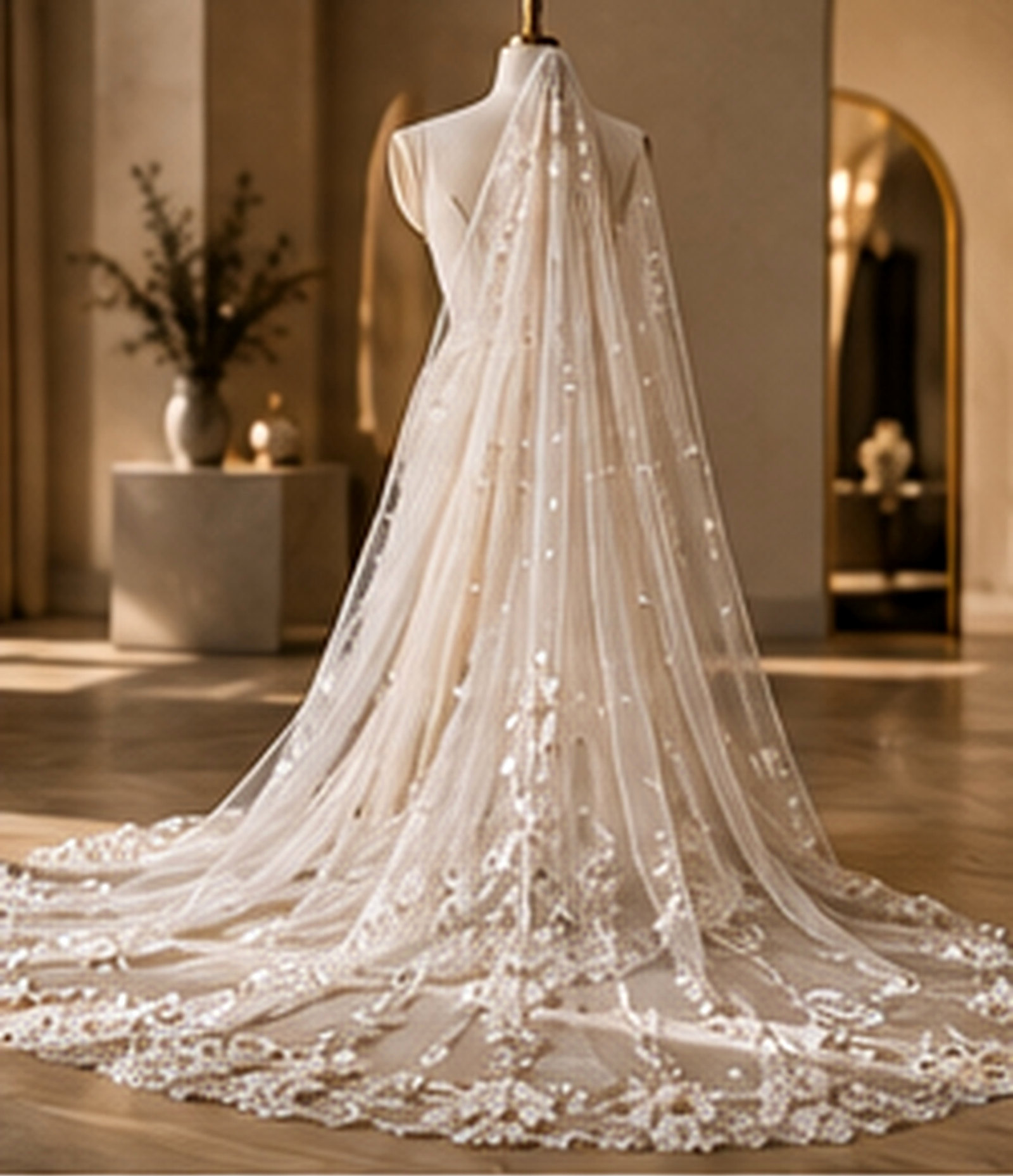 Cathedral veil with floral embroidery displayed on a dress form