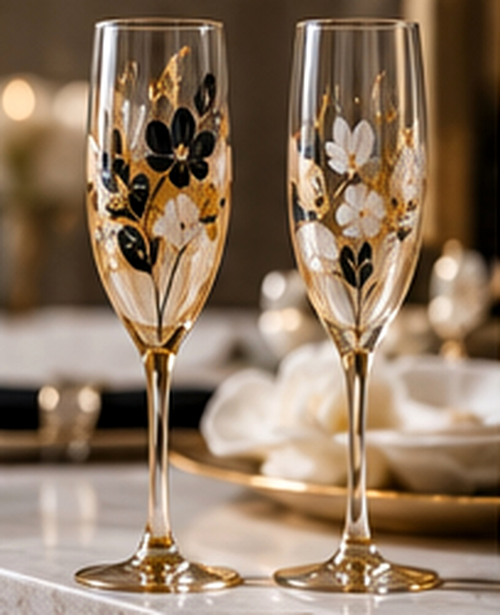 Champagne flutes hand-painted with black, white and gold flowers
