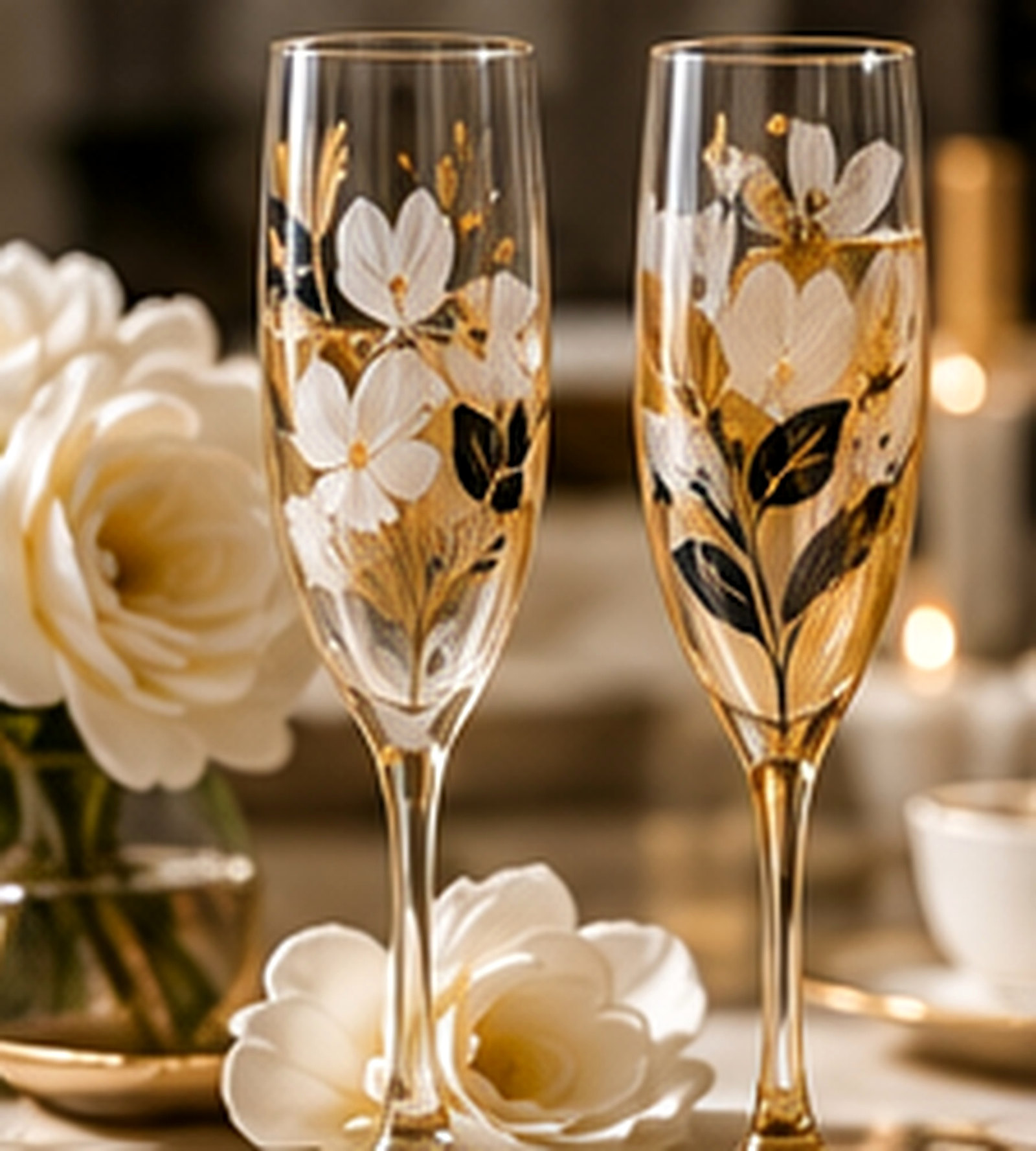 Hand-painted wedding champagne flutes beside ivory roses