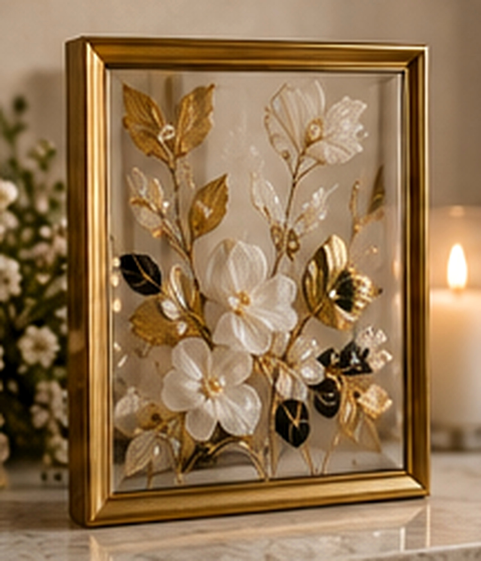 Gold frame holding glass painted with white, gold and black flowers