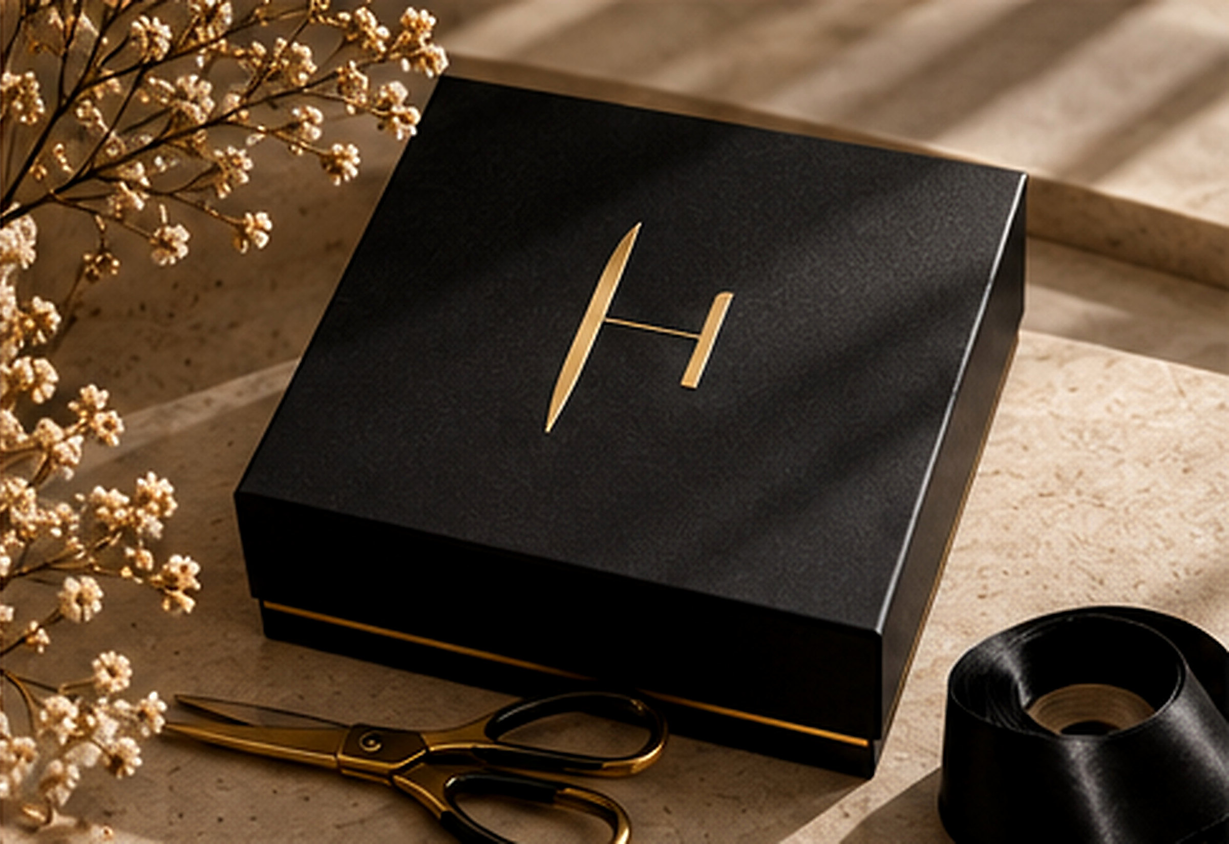 Black Hatille gift box with a gold monogram, gold scissors and dried flowers